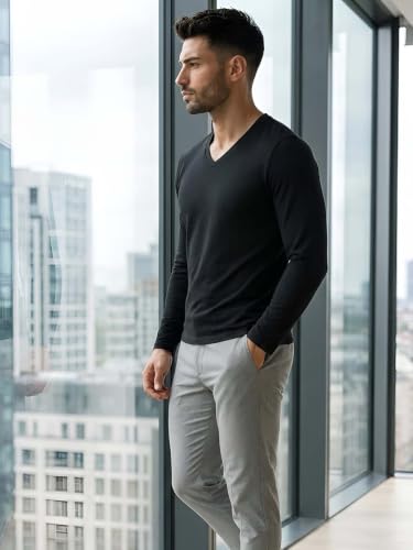 Image of Friskers Men's V-Neck Full Sleeves T-Shirt Blended Cotton with Elastane