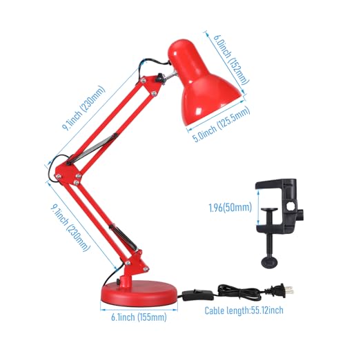 TORCHSTAR Metal Desk Lamp with Clamp, Swing Arm, Architect Adjustable Gooseneck Table Lamp, Clip Desk Lights for Home Office, Work, Study, Reading, E26 Base, Multi-Joint, Red