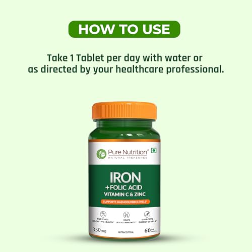 Pure Nutrition Iron Folic Acid Supplement with Zinc, Vitamin C & Vitamin B12 for Men & Women | Supports Haemoglobin Production, Boosts Immunity & Maintains Iron Level - 60 Veg Tablets (Pack 3)