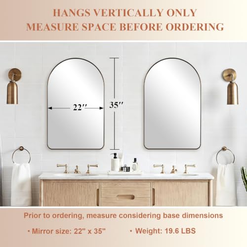 Image of ANDY STAR Brushed Champagne Bronze Arched Bathroom Mirror 22x35 Inch | Stainless Steel Metal Frame, HD Glass, Bathroom Vanity Mirror for Over Sink, Modern Design Wall Mounted, MDF Backboard
