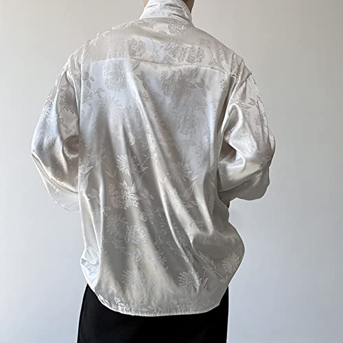 Men Satin Jacquard High-Collar Pleated Front Blouse with Floral Pattern3