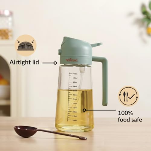 Image of Nestasia 2 in 1 Oil Sprayer & Dispenser Glass Bottle for Kitchen (470ml) - Vinegar & Olive Oil Bottle with Measuring Spoon for Healthy Cooking, Salad Dressing, Air Fryer, BBQ & Grilling (Sage Green)