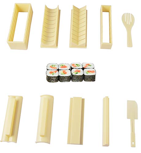 Sushi Maker Kit, DIY Sushi Maker Mold, Sushi Set 10 Pieces Plastic Sushi Maker Tool with 8 Different Shapes of Sushi Rice Roll Mold Shapes With Fork Spatula Home Sushi Tools Beige