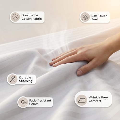 Image of Mafatlal Italian Strip King Size Bed Sheet with 2 Pillow Covers Pure Cotton | 210 TC Flat Bedsheet White | 108 x 108 Inches| Luxury & Breathable Fabric