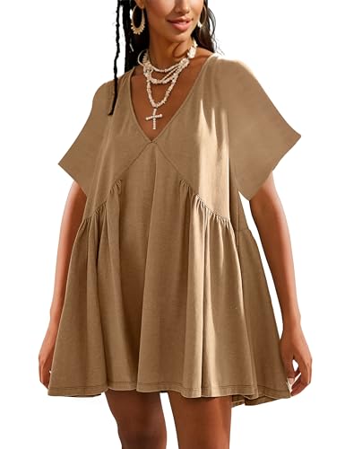 Image of Gozoloma Women Summer Short Sleeve Mini Dress Casual Loose V Neck Flowy Sundress Vacation Tshirt Sun Dress with Pockets