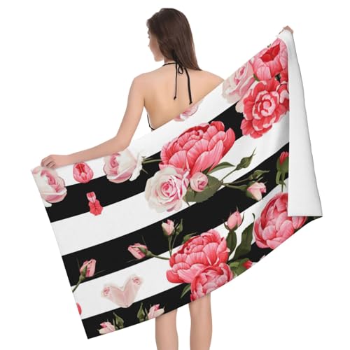 Serviette de bain microfibre fleurs noires et blanches, finition premium - 2