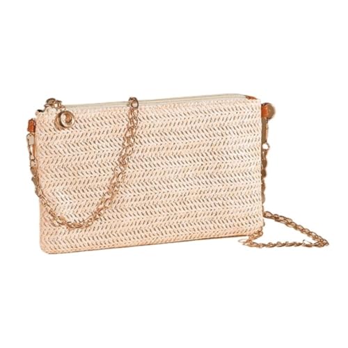 Bolso Paja Bolso Cuadrado De Cadena Minimalista De Primavera Y Verano, Bandolera De Hombro Informal Con Elemento De Paja Bolso Paja Mujer(White)