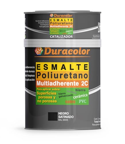 Esmalte al Poliuretano Multiadherente Satinado Duracolor | Pintura para Metales, Madera, Bañeras, Azulejos y Sanitarios | Resistente y Duradero (600 ml + 150 ml, Negro RAL 9005)