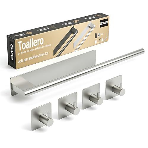 ROVIQ toalleros de baño sin Taladro con 4 Ganchos Adhesivos – toallero Adhesivo baño (Barra 39 cm) con Cinta 3M VHB – Acero Inoxidable 304 – Accesorios baño sin Taladro, Color Plata
