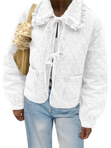 Image of Tankaneo Womens Quilted Denim Puffer Jackets Tie Front Bow Cropped Puffy Jackets Fall Cute Short Jeans Coat