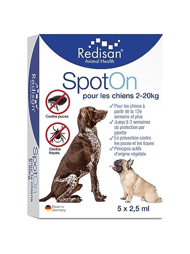 Redisan - Spot on pour Chiens Contre Les tiques & Les puces - Substance Active à Base de Plantes pour jusqu'à 15 semaines de Protection - Anti puces Chien - Anti Tique Chien