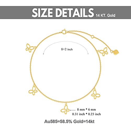 Image of SISGEM 14K Real Gold Butterfly Anklet for Women,Yellow Gold Butterfly Anklets Bracelets Beads Station Anklet Double Foot Link Beach Anklets Anniversary Birthday Jewelry Gifts for Wife Mom 8''+2''