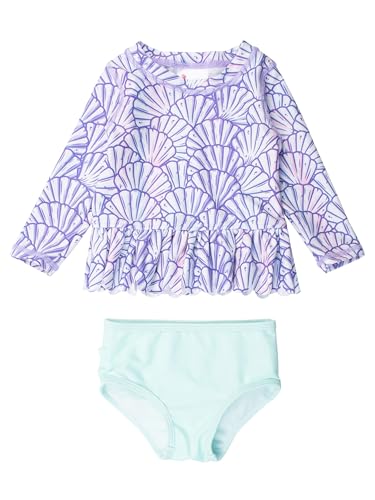 Image of RuffleButts Baby /Toddler Girls Scalloped Long Sleeve Rash Guard 2-Piece UPF50+ Sun Protected Swimsuit