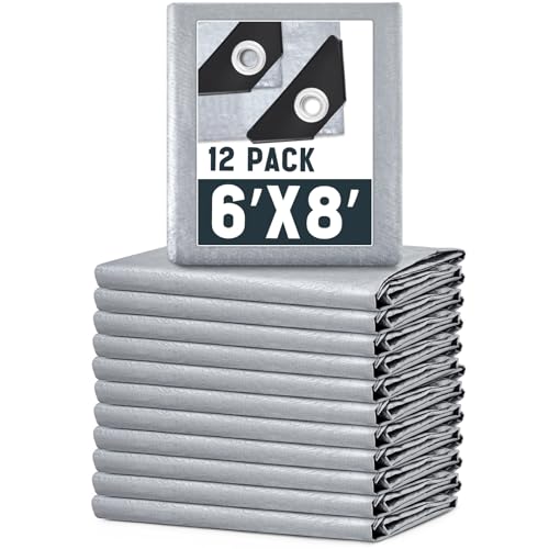Image of 12 Pack Silver Tarps 6 x 8 ft, 5.5 Mil Waterproof Reflective Tarps, UV Resistant Sun Shade Tarp, Heavy Duty Roof Tarp for Roof Protection, Boat Cover, RV Cover, Cars, Patio Furniture, Camping