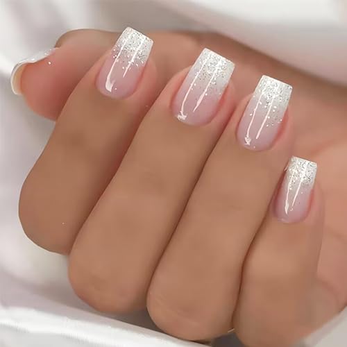 24Pcs White Glitter French Tip Press on Nails Short Square