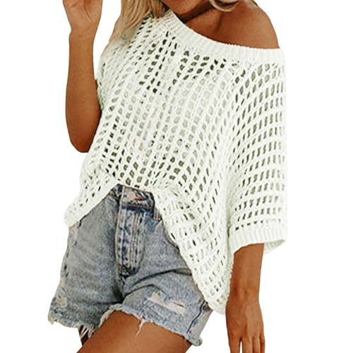 Thrivenget Tops, Womens Summer Scoop Neck Short Sleeve Sweater Casual Crochet Hollow Out Knit Tops Pullover Shirts