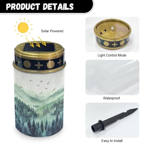 Image of Forest Pattern Cemetery Solar Lights Water Resistant LED Flameless Candle Grave Lights Solar Powered Grave Decor Memorial Gift Outdoor Garden Decor Light for Prayer 2 Pcs