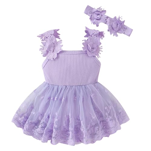 Image of FOCUTEBB 12 Months Baby Girl Clothes Baby Girl Summer Outfits Lace Romper Skirt Sleeveless Princess Cake Smash Romper Dress Cute Flower Newborn Outfit With Bow Headband Purple 12-18 Months