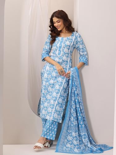 Image of Libas Printed Cotton Straight Kurta With Trouser and Dupatta