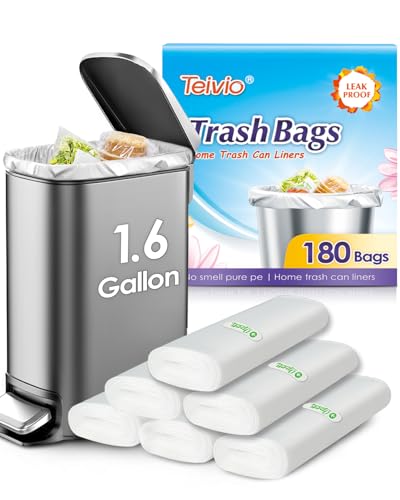 Teivio 1.6 Gallon 180 Counts fit 5-6 liter 1.5 gallon Small Trash Bags Garbage Bags Bathroom Trash Can Bin Liners Small Plastic Bags for home office kitchen Clear