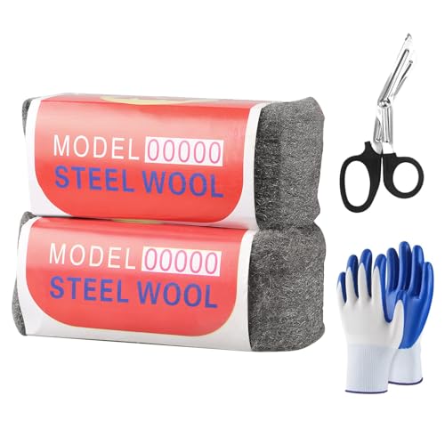 Lana de Acero, Lana de Acero 00000, 2 Piezas de Lanas de Aceros Extrafina, Lanas de Aceros, con Tijeras y Guantes, para Pulir y Encerar Madera, Cobre, Latón, Superficies Mates y Limpiar Vidrio