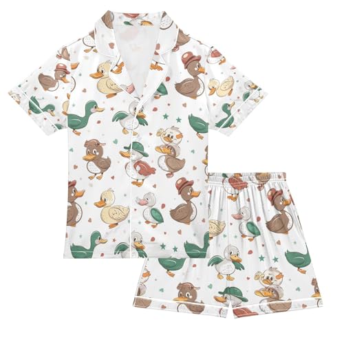 senya Mang Cute Duck Satin Summer Pajama Sets Silk Short Sleeve Button Down Sleepwear