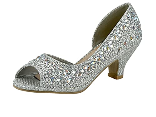 Girls Fashion Kitten Heels - Glittering Rhinestone Dress Shoes for Kids - Peep Toe Low Pump Sandals for Fancy Events - Great for Weddings, Pageants, Church, and More