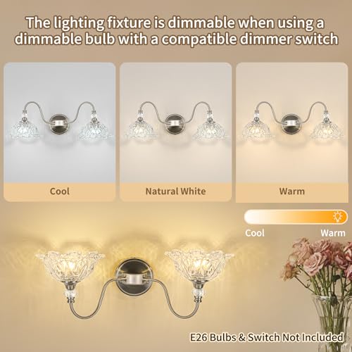 Image of Brushed Nickel Bathroom Vanity Light, 2-Light Vanity Light with Floral Clear Glass Shades, Nickel Wall Mount Lighting for Bathroom, Dressing Table