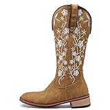 MissFox Cowboy Boots for Women Knee High Square Toe Cowgirl Boots Brown Western Style Embroidery Chunky Heel High Boots