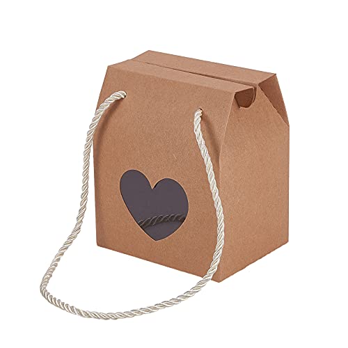 Airssory 30 Stück 4,1x3,5 Braun Tragbarer Griff Kraftpapier Geschenkbox mit Herzfenster für Hochzeit Kinder Weihnachtsfeier Urlaub Neujahr Dekoration Favor Cover