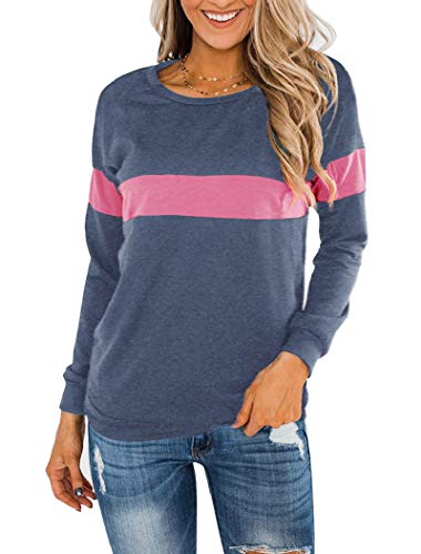 Minthunter Women's Long Sleeve T Shirt Causal Round Neck Pullover Color Block Tunic Tops Blue