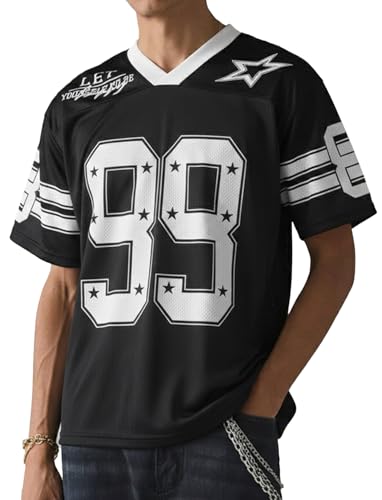HAWILAND Mens Mesh Short Sleeve V Neck Jersey Tops Graphic Basketball Football Oversized Tee T Shirt Black Medium