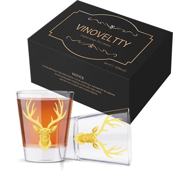Vinoveltty Deer Shot Glasses Set of 2, Deer Hunting Gifts for Hunters, Fathers Day Christmas Birthday Gifts for Men Dad Women, 2oz Stag Shot Glasses