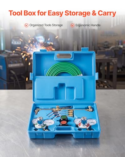 Image of VEVOR Oxygen Acetylene Torch Kit with Check Valves, Gas Welding Cutting Torch Kit, Portable Oxy Acetylene Brazing Set with 15FT Twin-Hose, 1 Cutting Tip, 3 Welding Tips, 2 Gas Regulators & Toolbox