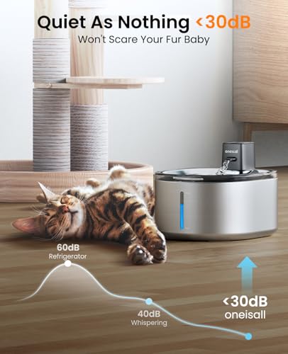 oneisall 4L Trinkbrunnen für Katze Kabellos Edelstahl, Katzenbrunnen Kabellos mit Bewegungsmelder, 60 Tage Betriebszeit pro Ladung, super Leise Pumpe, Filter, Wasserbrunnen für Katzen, Kleiner Hund