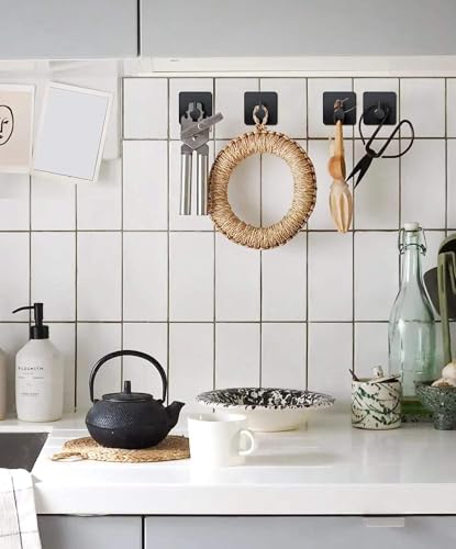 Image of JD Fresh 6 Pcs Self-Adhesive Stainless-Steel Wall Hooks for Hanging /Heavy Duty Waterproof Wall Hangers /Without Drill Sticky Hooks on Hold Coats, Keys, Towels and Kitchen Utensils (L-Hook,Black-Square)