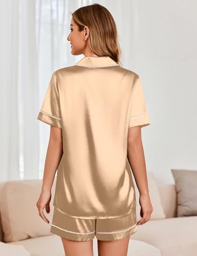 Image of Ekouaer Womens Satin Silk Pajamas Set Short Sleeve Sleepwear Button Down Top and Shorts Loungewear 2 Piece Pjs Set Khaki Large