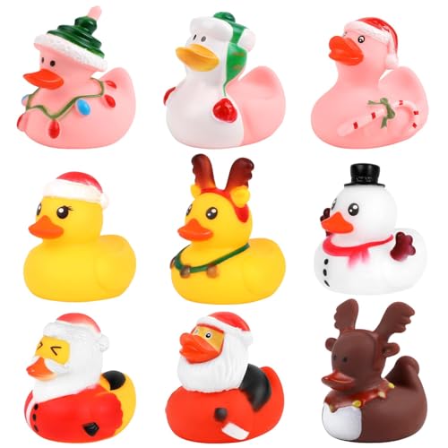 VEYLIN 9 Stück Weihnachts Gummienten Set - Lustige Badewanne Deko mit Santa Hut, Geschenk & Schneemann Design - Spaßige Weihnachtsdekoration für Baum, Geschenke, Party