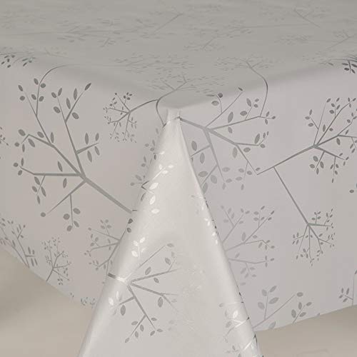 Designers247 Silver Grey Leaves PVC Oil Vinyl Plastic Table Cloth Light Grey Silver Leaves And Stems Oilcloth Wipe Clean Dining (210cm x 140cm Rectangle 83" x 54" inches)
