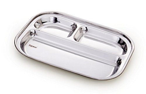 Image of EXPRESSO - Heavy Duty Stainless Steel Rectangle Dinner Plate w /3 Sections Divided Mess Plate /Thali /Bhojan Thali /Mess Tray /Dinner Plate | Plates for Lunch /Dinner Bhojan Plates Set of 5 Pcs