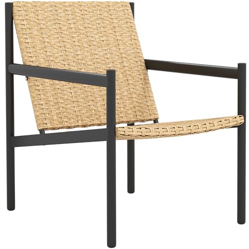 Outsunny Silla de Ratán de Jardín Individual Silla para Exterior Resistente a la Intemperie con Reposabrazos Respaldo Inclinado y Estructura de Acero Carga 120 kg para Terraza Patio Balcón Natural