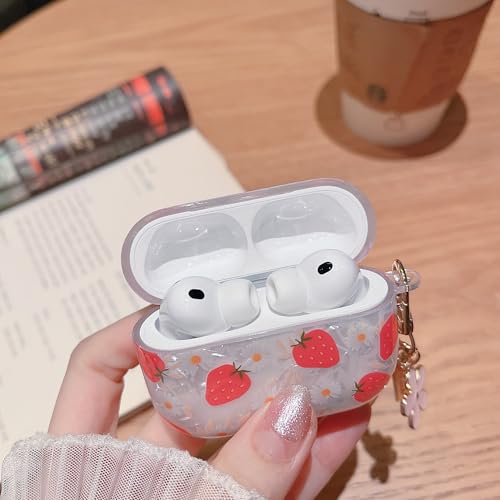 Image of MINSCOSE for Cute Glitter AirPods Pro 3 Case,Shell Pattern Girly Strawberry Design with Trendy Floral Keychain,Soft TPU Protective Cover with Cleaner Kit for Girls Women for AirPods Pro 3-Red
