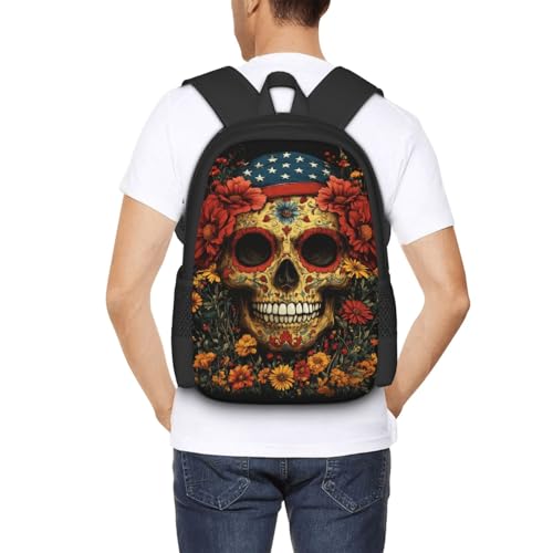 Image of Floral Skull Print Backpack For Men Women Lightweight Daypack For Daily Commutes Business Travel Hiking