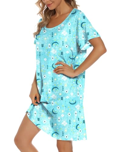 Image of ENJOYNIGHT Womens Cotton Nightgown Short Sleeve Sleepshirt Print Nightshirt | Short-Sleeve Crew Neck, Soft Cotton Fabric, Cartoon Printed Sleep Shirt, Loose Fit