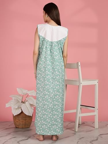 Image of 9shines Label Cotton Sleeveless Nighty | All Over Print Maxi Night wear for Women | Full Length Night Gown Night Dress for Women Stylish (Cotton Sleeveless 25)