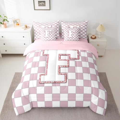 Image of Erosebridal Pink Initial F Full Bed in A Bag 7 Piece Kawaii Plaid Checkered Comforter Set with Sheets Cute Personalized Monogram Bedding Sets for Kids Girls Teen Women,Fashion Grids Gingham Bed Set