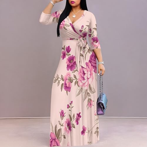 Image of Plus Size Maxi Dress for Women Casual Summer V Neck 3 /4 Sleeves Flowy Comfortable Dress for Vacation Daily Wear Floral Print