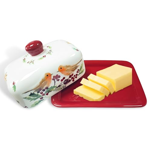 RoadLoo - Burriera in ceramica, 1 pezzo, in porcellana di alta qualità con manico rosso, unico con motivo a uccelli spessi, lavabile in lavastoviglie (rosso, 3)