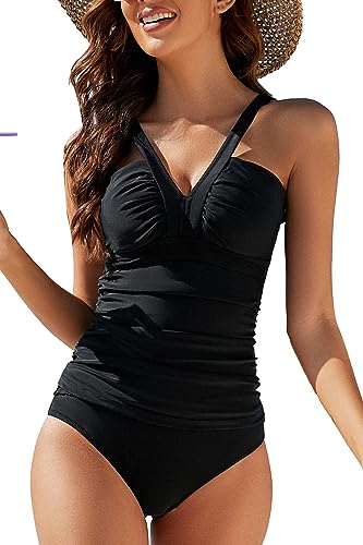 Viloree Conjunto de Tankini para Mujer Traje de Baño Dos Piezas Elegante Bikini Ajustable Acolchado Impresión Negro (N102) 3XL
