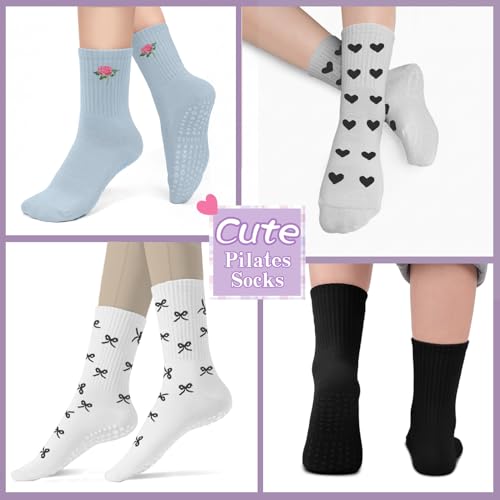 Image of Pilates Socks for Women, Non Slip Grip Socks for Yoga, Barre, Hospital, Grippy Socks Womens Gifts, 4 Pairs